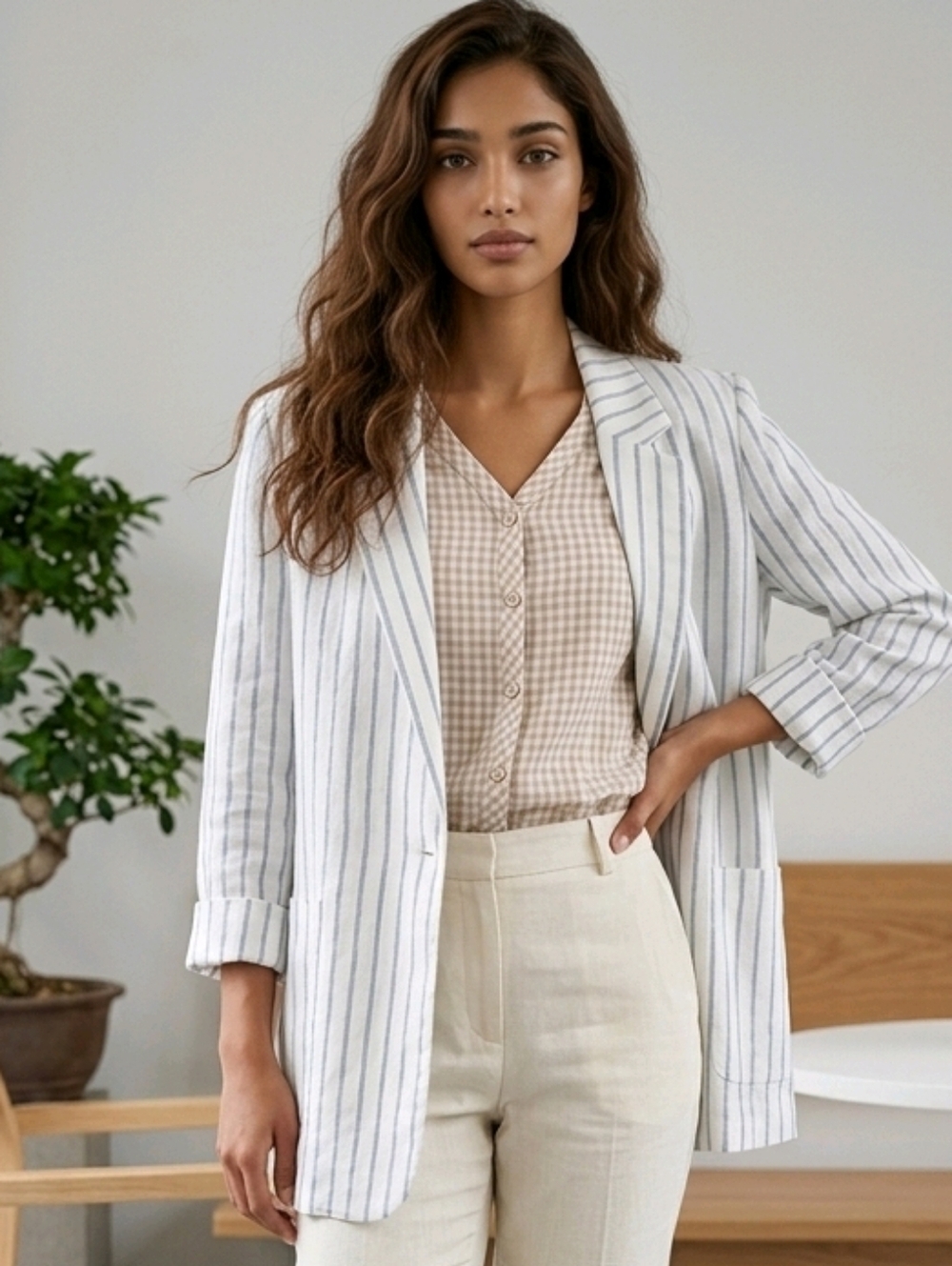C&C California Off White/Blue Stripe Linen Button Front Roll Tab Sleeve Blazer L